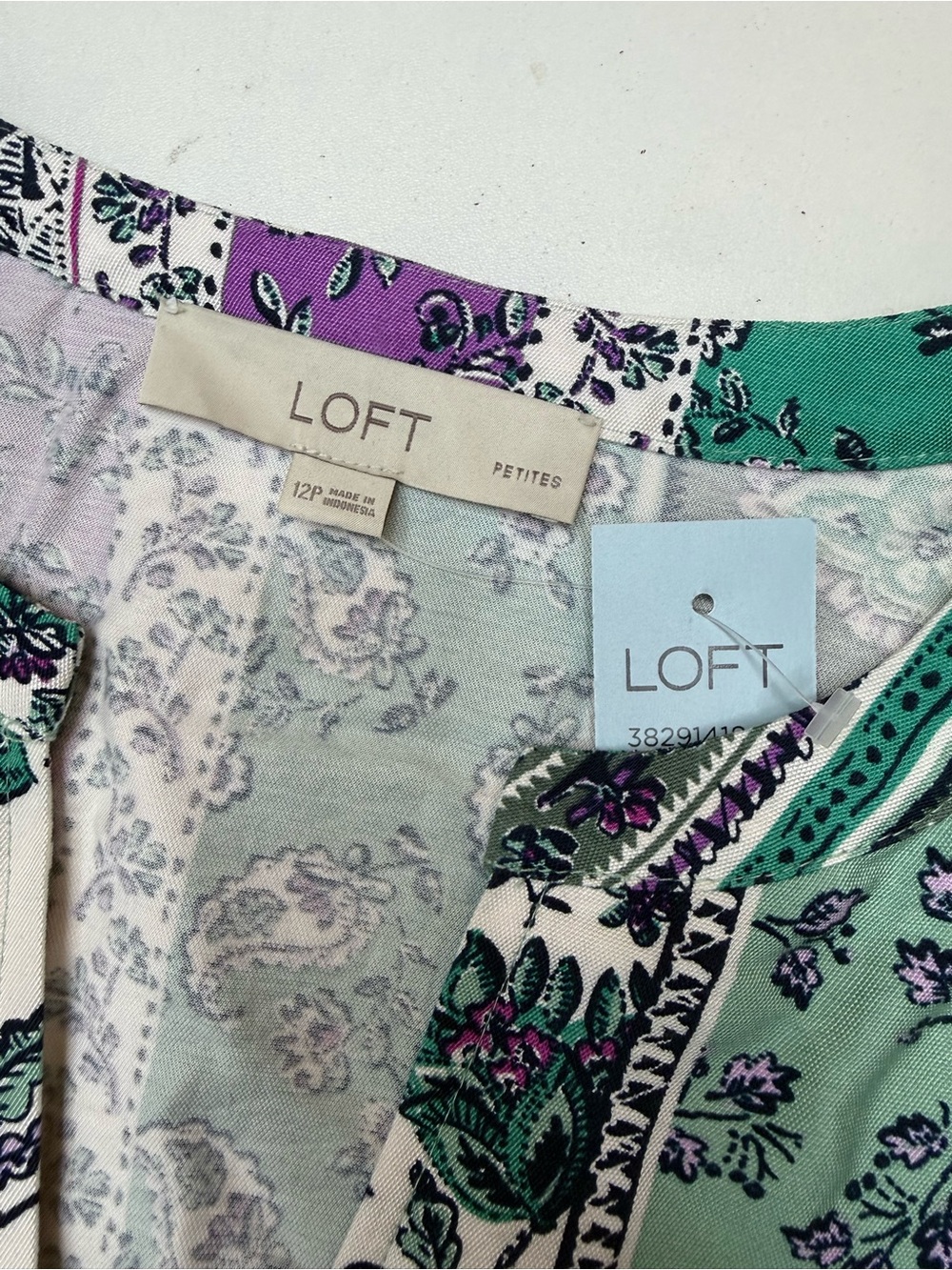 LOFT purple and green vertical-striped floral boho tunic dress size 12P - Picture 6 of 9